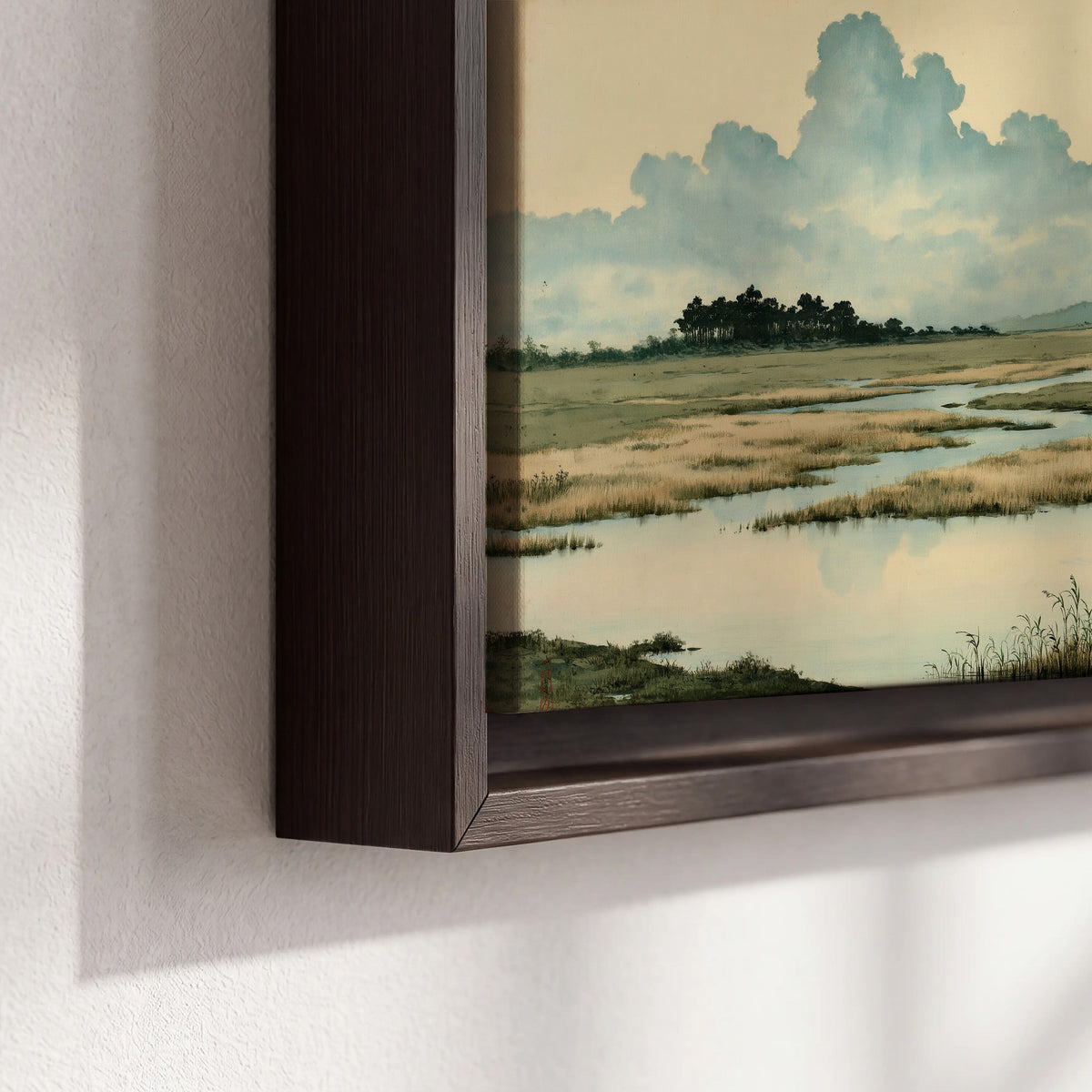 A calm marshland with reflective pools and distant blue-green hills under a clouded sky 3 piece framed canvas wall art material and edge close up
