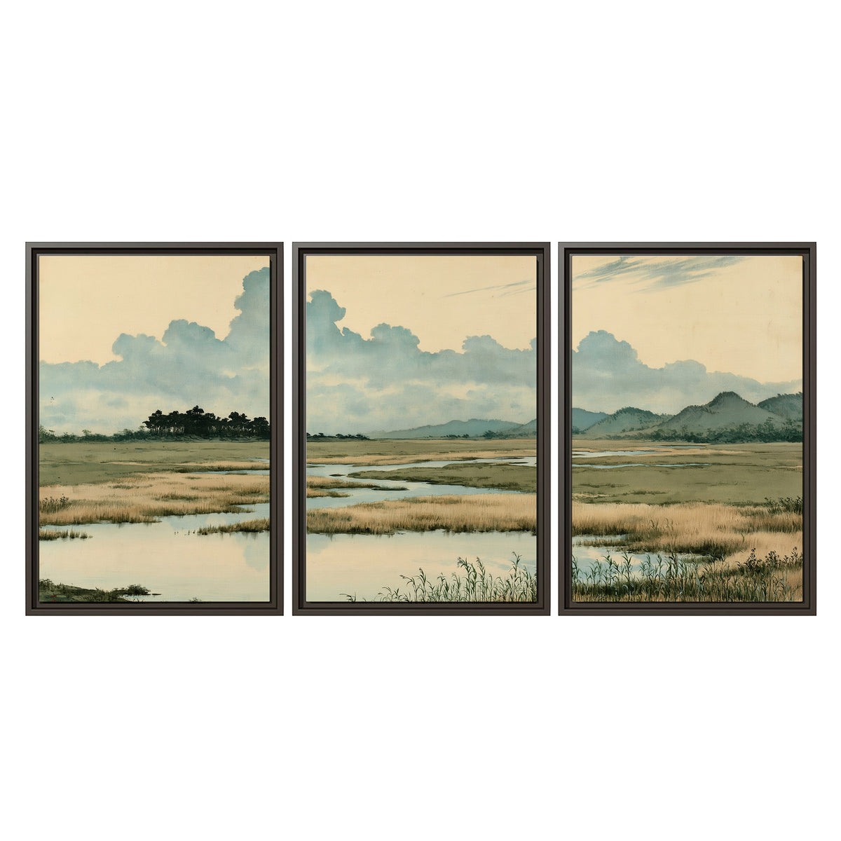 A calm marshland with reflective pools and distant blue-green hills under a clouded sky 3 piece framed canvas wall art viewed straight on