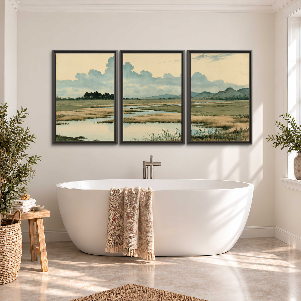 A calm marshland with reflective pools and distant blue-green hills under a clouded sky 3 piece framed canvas wall art styled in an interior