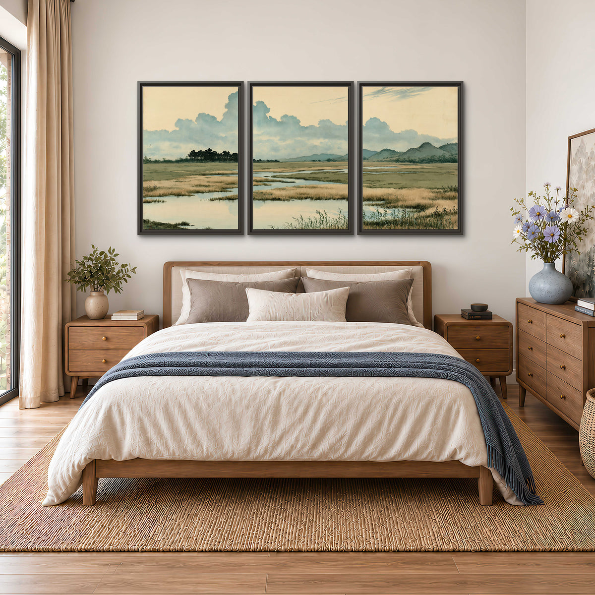 A calm marshland with reflective pools and distant blue-green hills under a clouded sky 3 piece framed canvas wall art styled in an interior