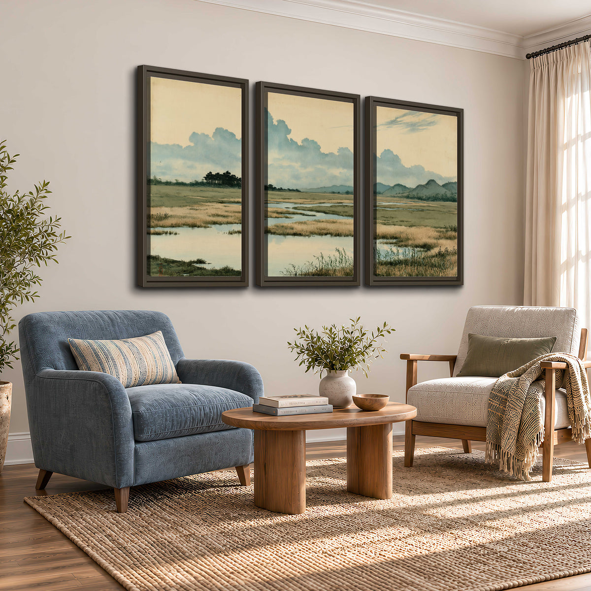 A calm marshland with reflective pools and distant blue-green hills under a clouded sky 3 piece framed canvas wall art styled in an interior