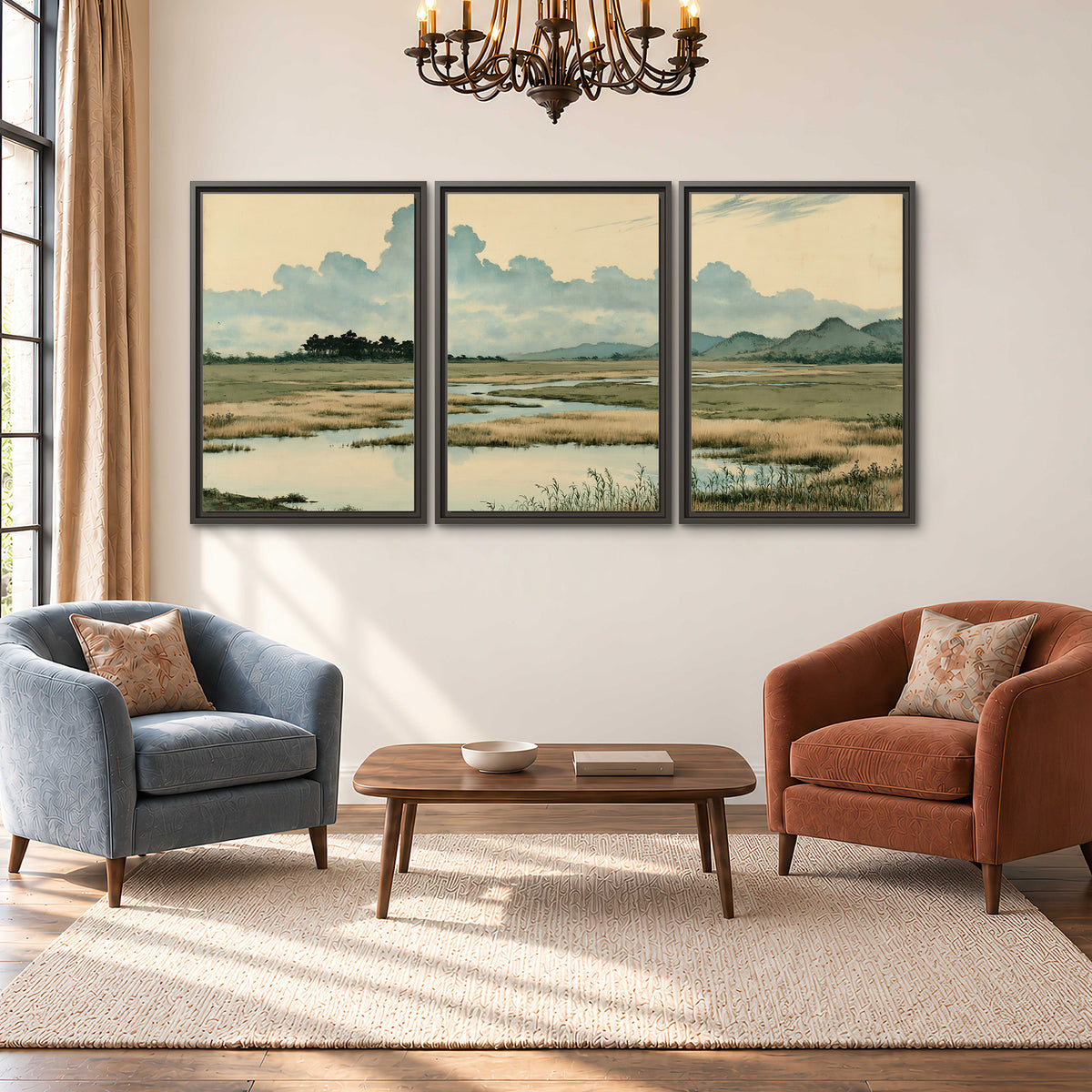 A calm marshland with reflective pools and distant blue-green hills under a clouded sky 3 piece framed canvas wall art styled in an interior