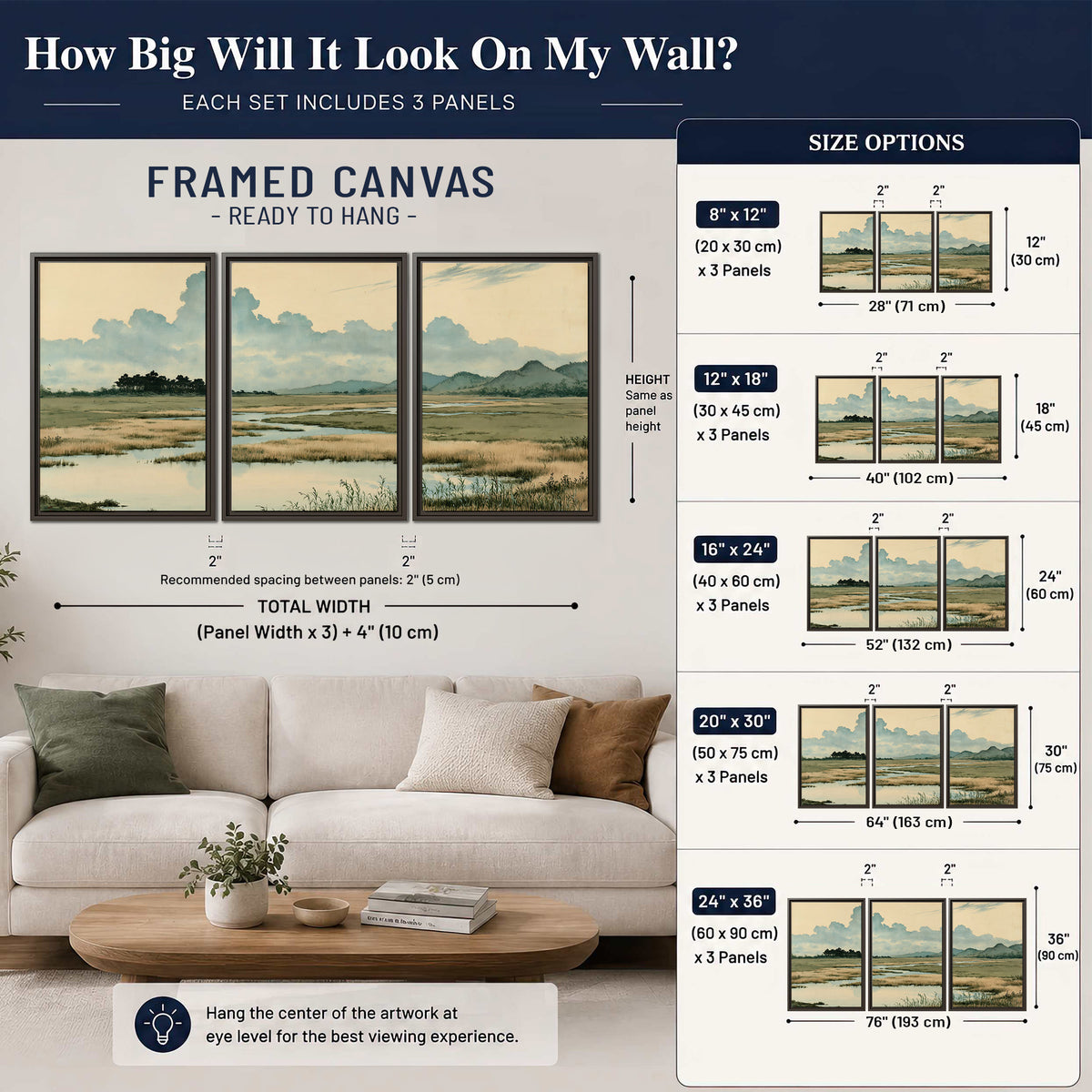 A calm marshland with reflective pools and distant blue-green hills under a clouded sky 3 piece framed canvas wall art size guide above a sofa; room view is illustrative
