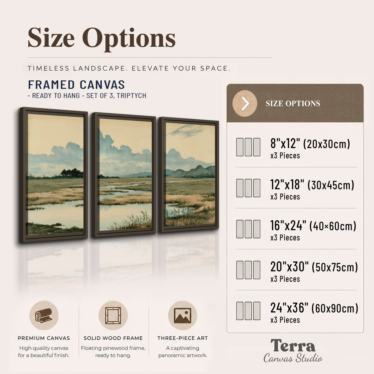 A calm marshland with reflective pools and distant blue-green hills under a clouded sky 3 piece framed canvas wall art available dimensions; triptych dimensions are per panel