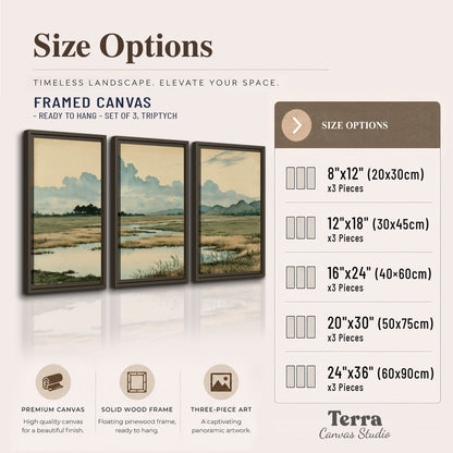 A calm marshland with reflective pools and distant blue-green hills under a clouded sky 3 piece framed canvas wall art available dimensions; triptych dimensions are per panel
