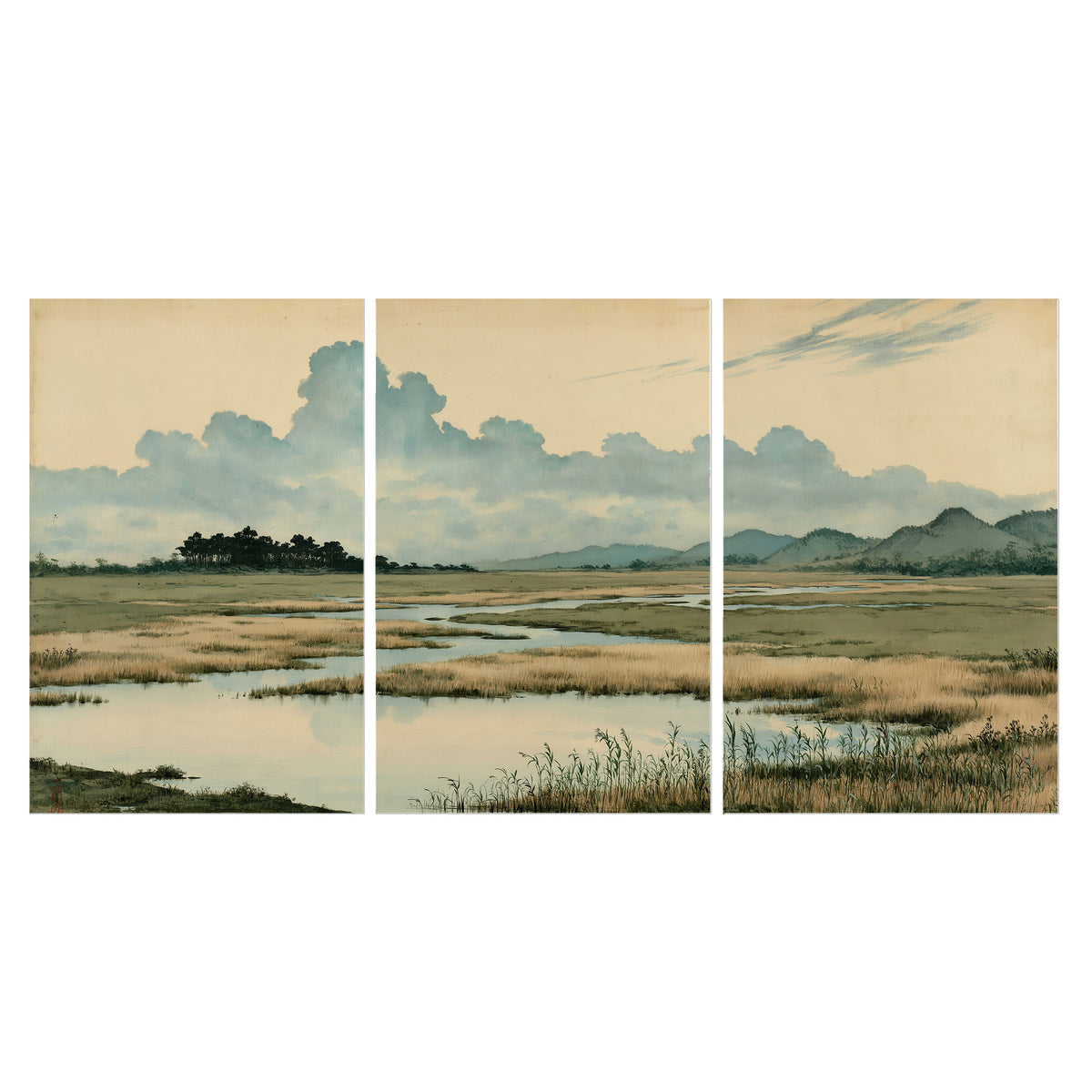 A calm marshland with reflective pools and distant blue-green hills under a clouded sky set of 3 poster prints viewed straight on
