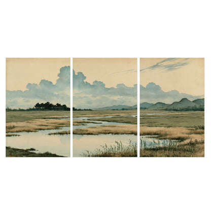 A calm marshland with reflective pools and distant blue-green hills under a clouded sky set of 3 poster prints viewed straight on