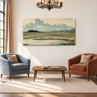 A calm marshland with reflective pools and distant blue-green hills under a clouded sky single canvas wall art styled in an interior