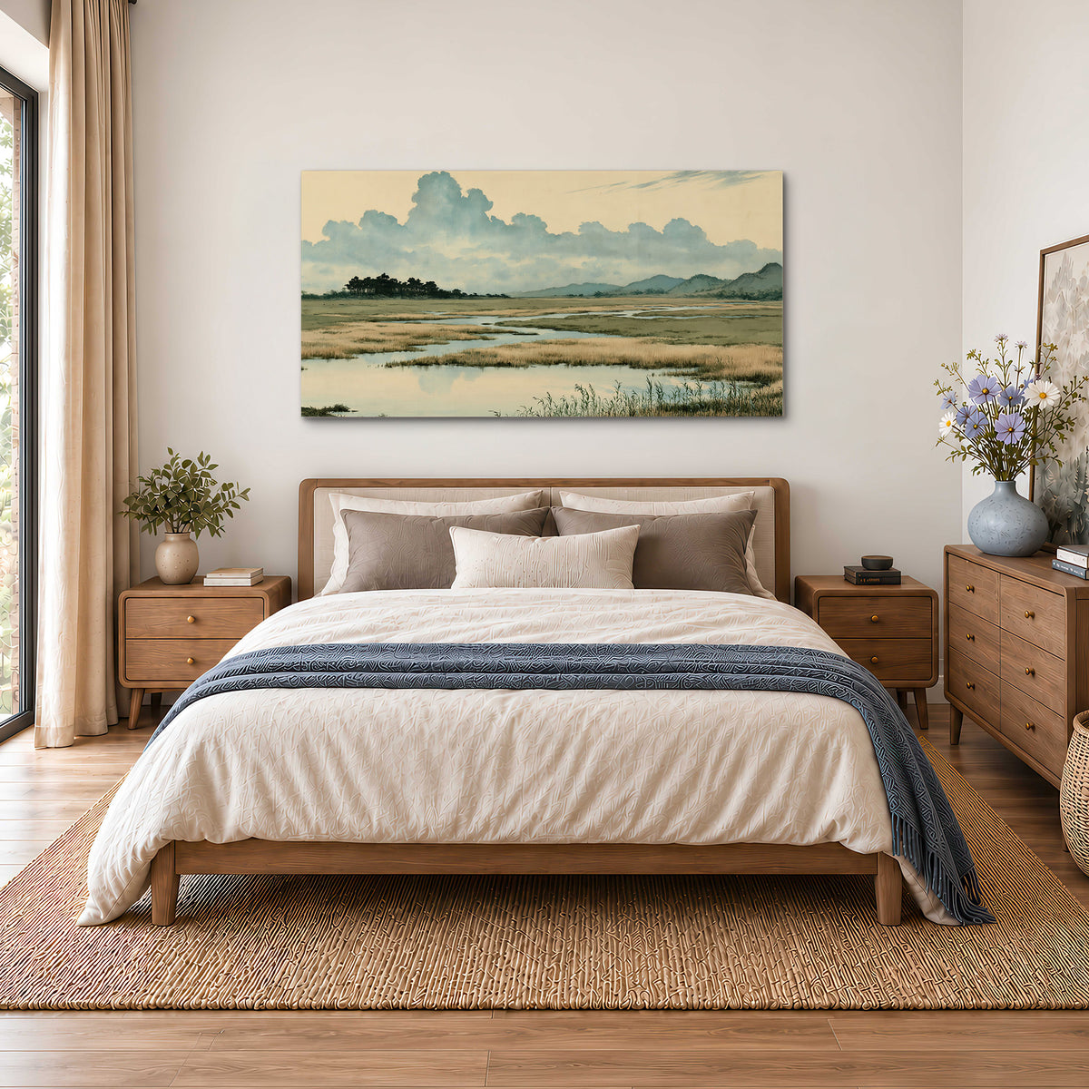 A calm marshland with reflective pools and distant blue-green hills under a clouded sky single canvas wall art styled in an interior