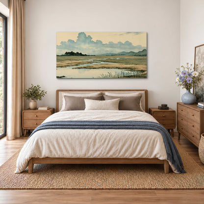 A calm marshland with reflective pools and distant blue-green hills under a clouded sky single canvas wall art styled in an interior