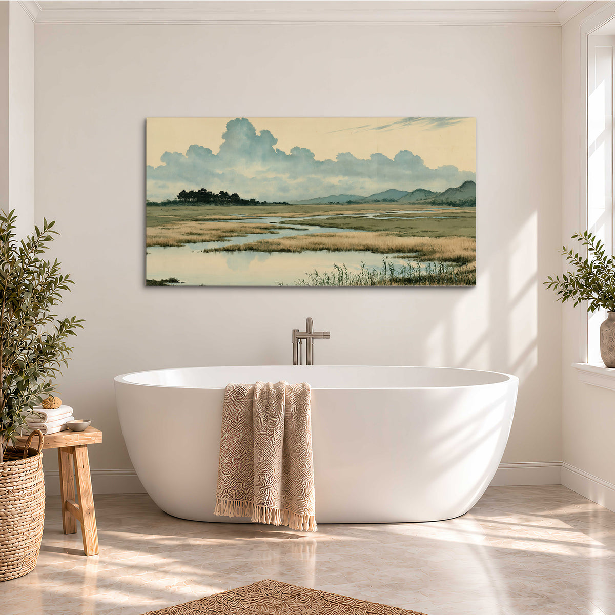 A calm marshland with reflective pools and distant blue-green hills under a clouded sky single canvas wall art styled in an interior