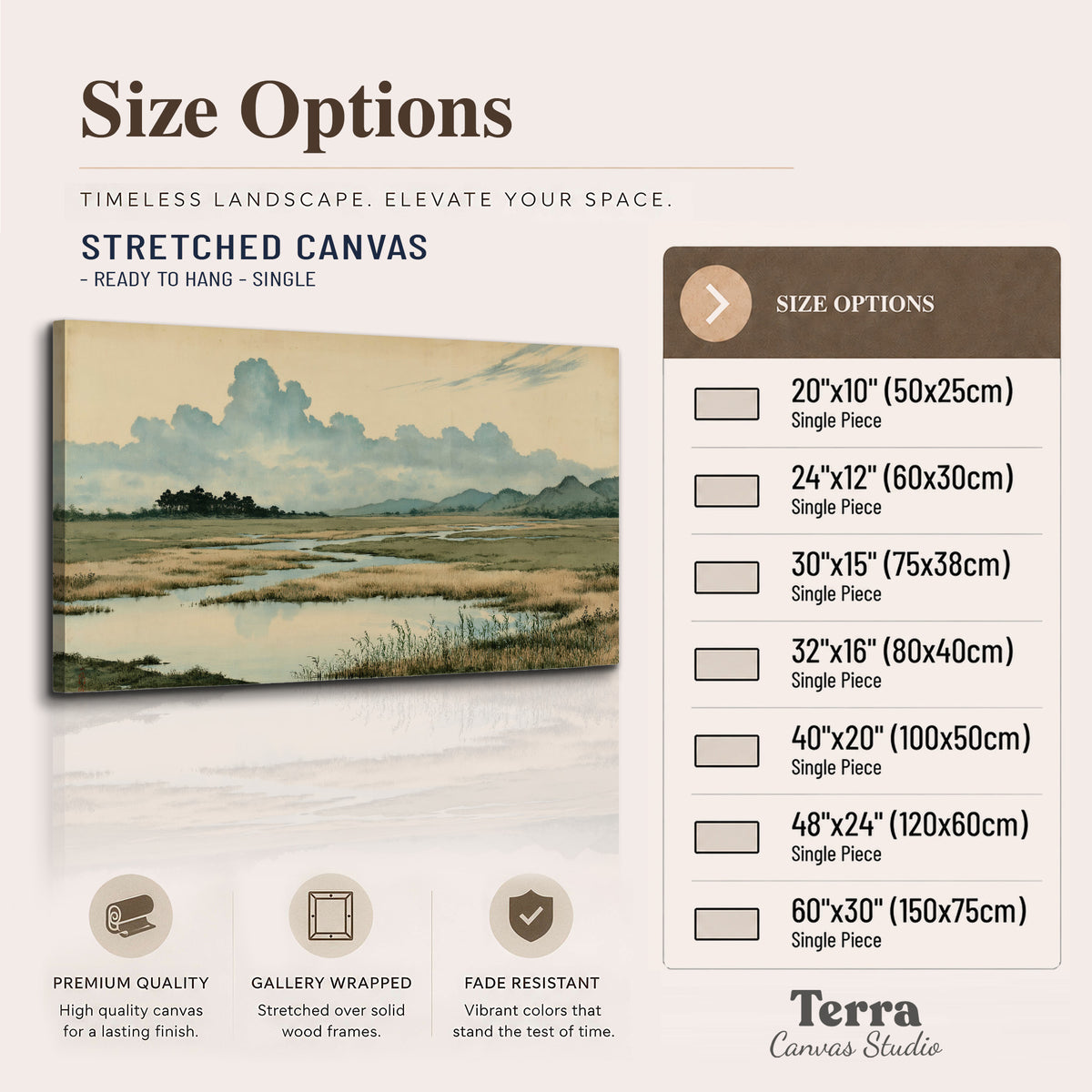 A calm marshland with reflective pools and distant blue-green hills under a clouded sky single canvas wall art available dimensions