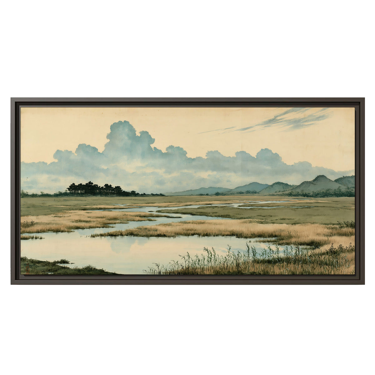 A calm marshland with reflective pools and distant blue-green hills under a clouded sky single framed canvas wall art viewed straight on