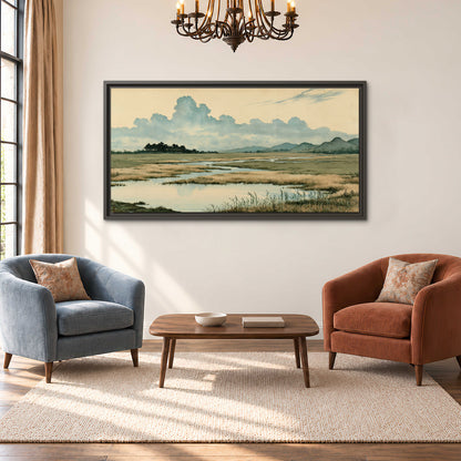 A calm marshland with reflective pools and distant blue-green hills under a clouded sky single framed canvas wall art styled in an interior