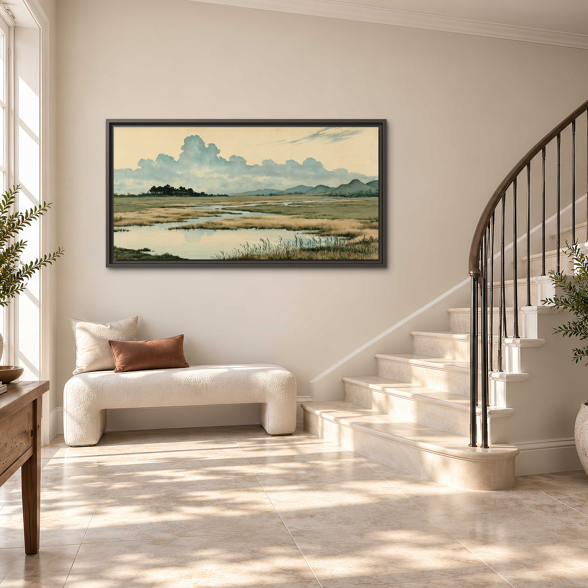 A calm marshland with reflective pools and distant blue-green hills under a clouded sky single framed canvas wall art styled in an interior