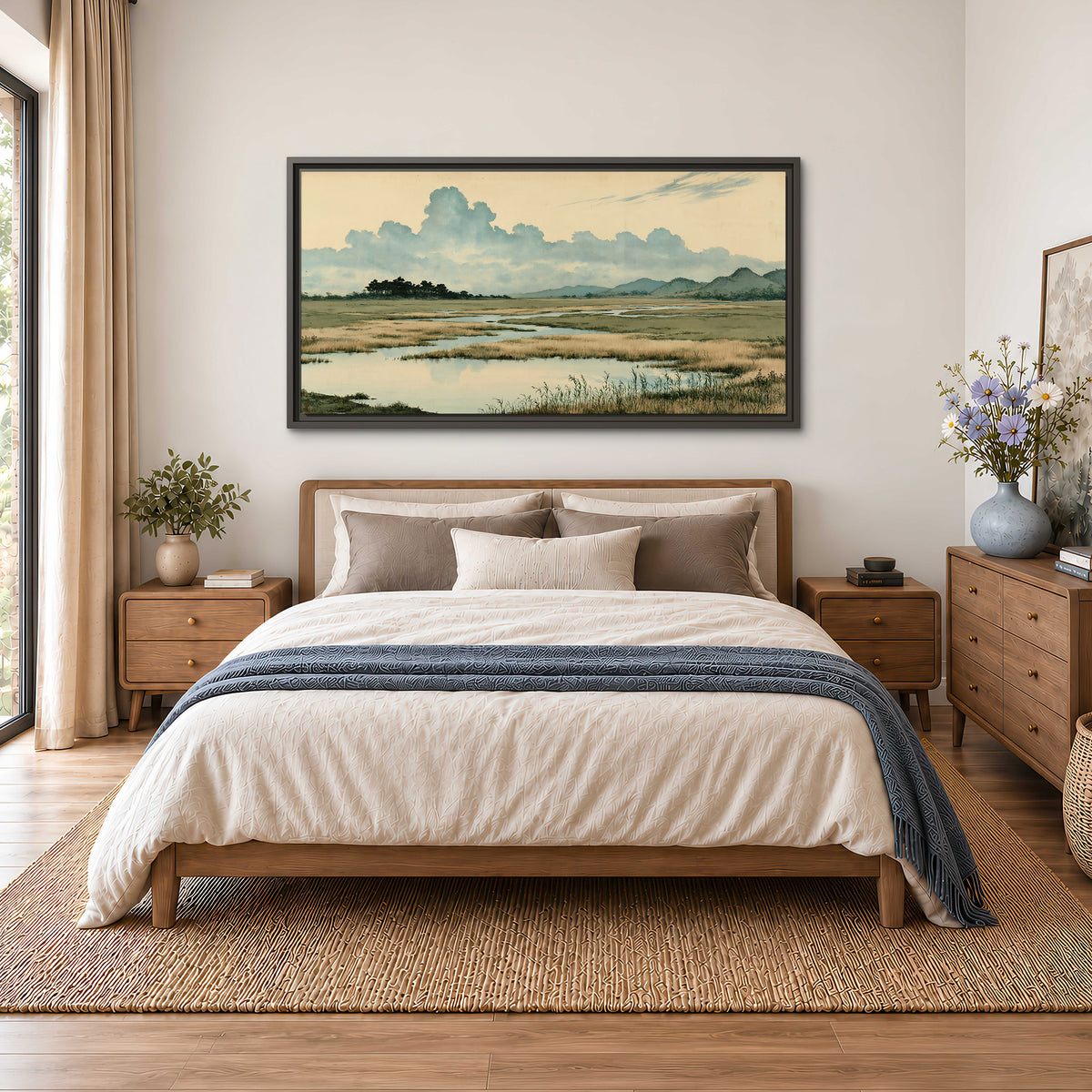 A calm marshland with reflective pools and distant blue-green hills under a clouded sky single framed canvas wall art styled in an interior