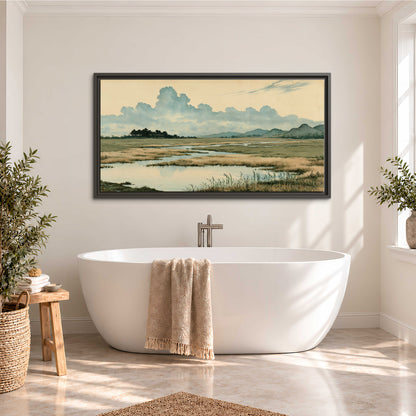 A calm marshland with reflective pools and distant blue-green hills under a clouded sky single framed canvas wall art styled in an interior