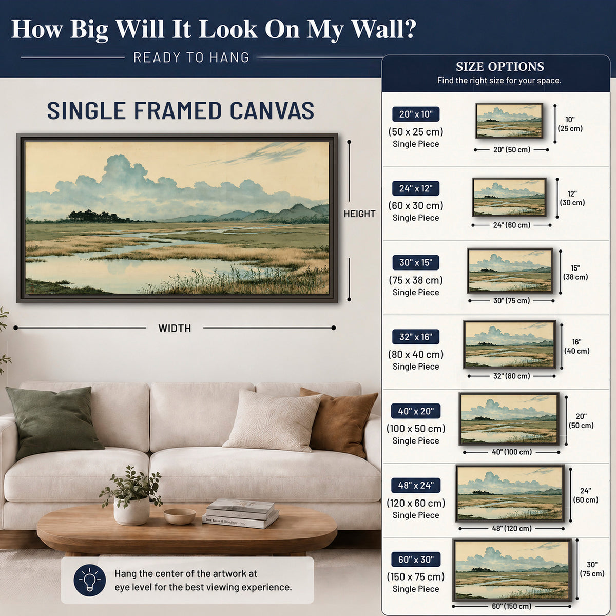 A calm marshland with reflective pools and distant blue-green hills under a clouded sky single framed canvas wall art size guide above a sofa; room view is illustrative