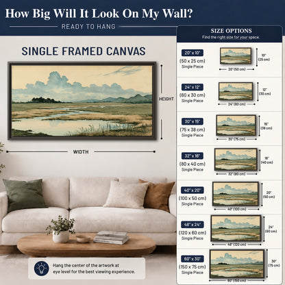 A calm marshland with reflective pools and distant blue-green hills under a clouded sky single framed canvas wall art size guide above a sofa; room view is illustrative