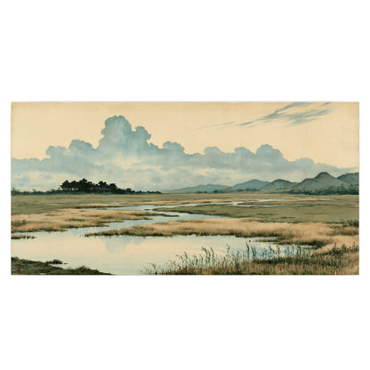 A calm marshland with reflective pools and distant blue-green hills under a clouded sky single poster print viewed straight on