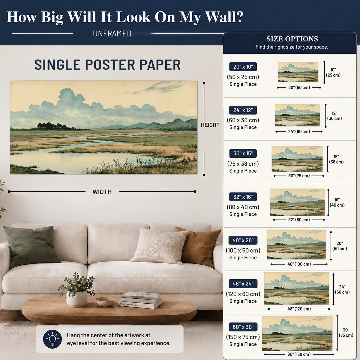 A calm marshland with reflective pools and distant blue-green hills under a clouded sky single poster print size guide above a sofa; room view is illustrative