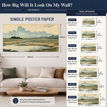 A calm marshland with reflective pools and distant blue-green hills under a clouded sky single poster print size guide above a sofa; room view is illustrative