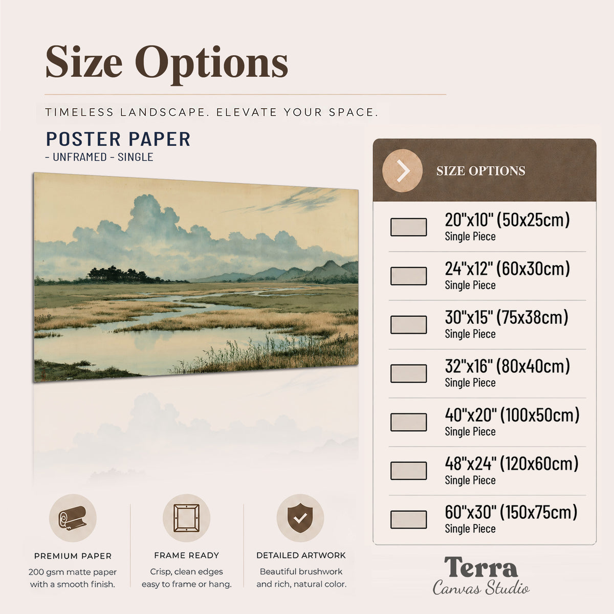 A calm marshland with reflective pools and distant blue-green hills under a clouded sky single poster print available dimensions