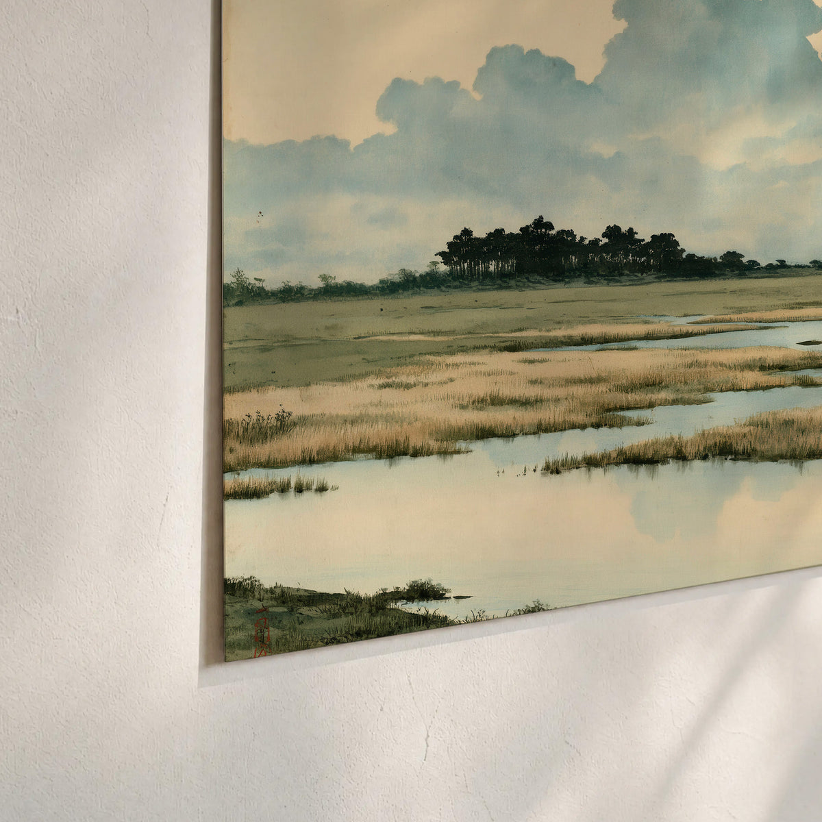 A calm marshland with reflective pools and distant blue-green hills under a clouded sky set of 3 poster prints material and edge close up