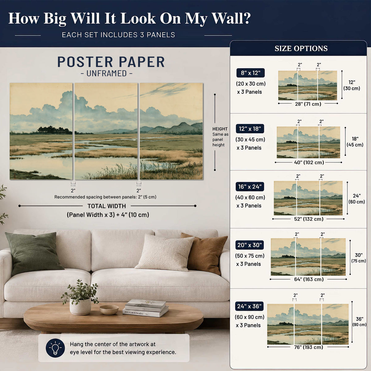 A calm marshland with reflective pools and distant blue-green hills under a clouded sky set of 3 poster prints size guide above a sofa; room view is illustrative