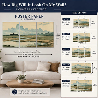 A calm marshland with reflective pools and distant blue-green hills under a clouded sky set of 3 poster prints size guide above a sofa; room view is illustrative