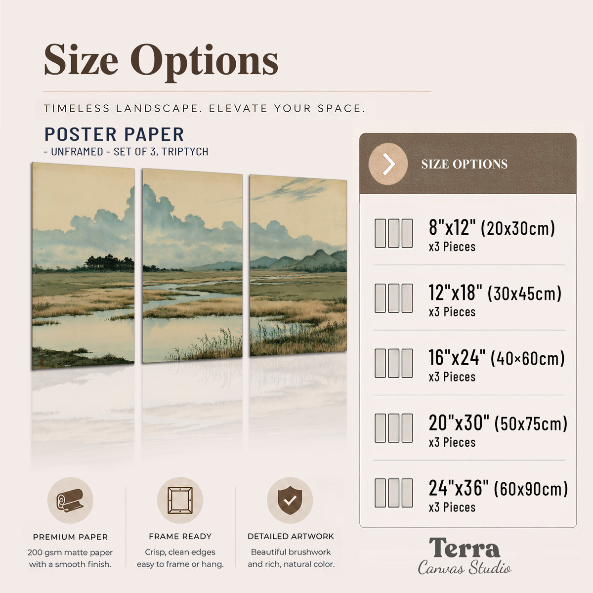 A calm marshland with reflective pools and distant blue-green hills under a clouded sky set of 3 poster prints available dimensions; triptych dimensions are per panel