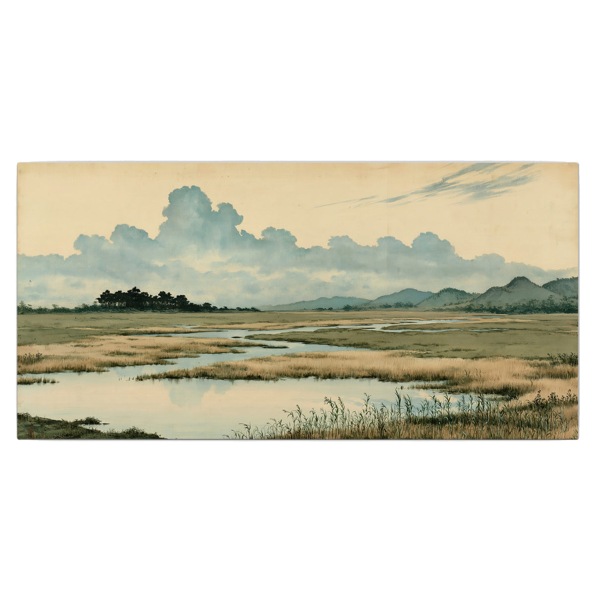 A calm marshland with reflective pools and distant blue-green hills under a clouded sky single canvas wall art viewed straight on