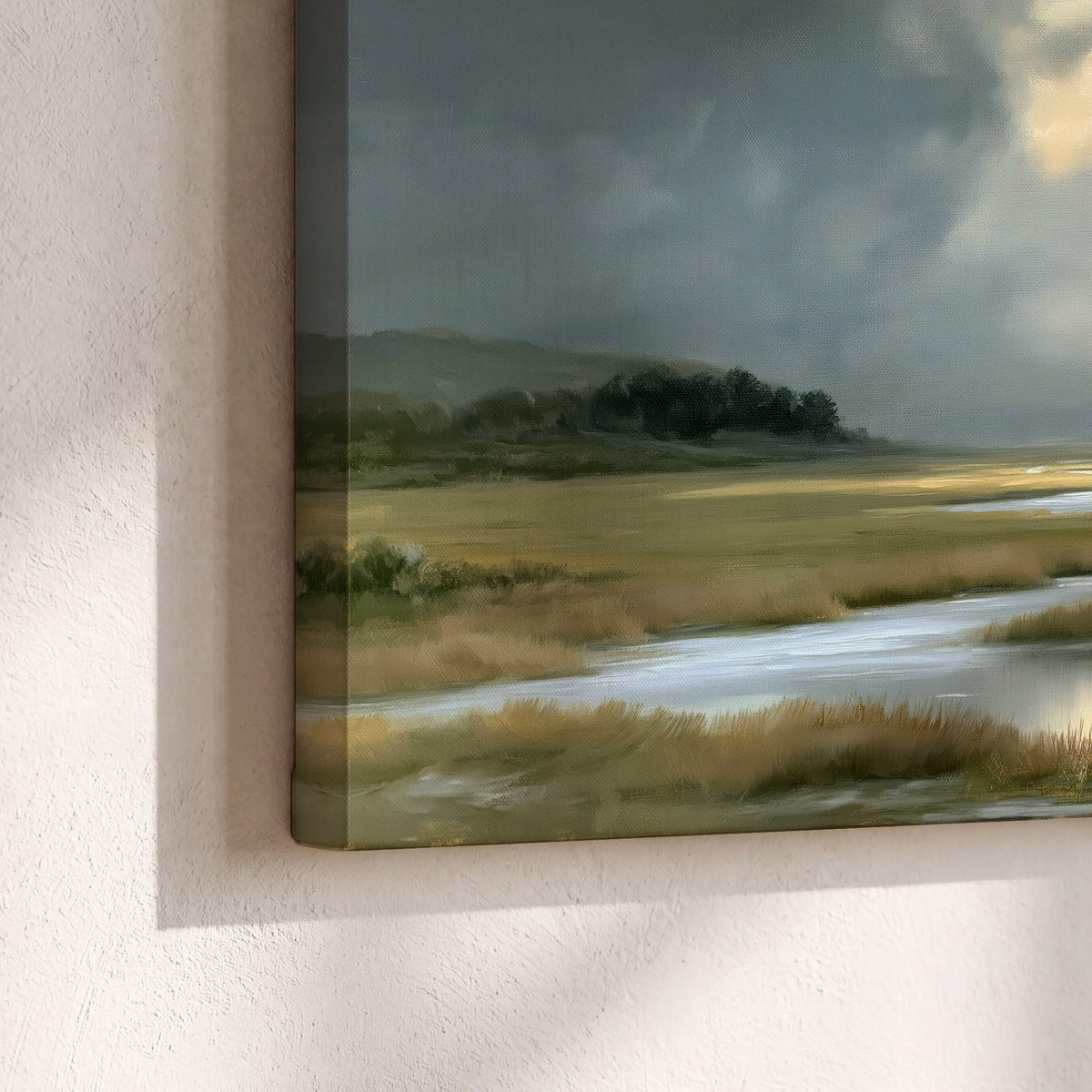 A winding stream through an open meadow beneath large sunlit clouds 3 piece canvas wall art material and edge close up