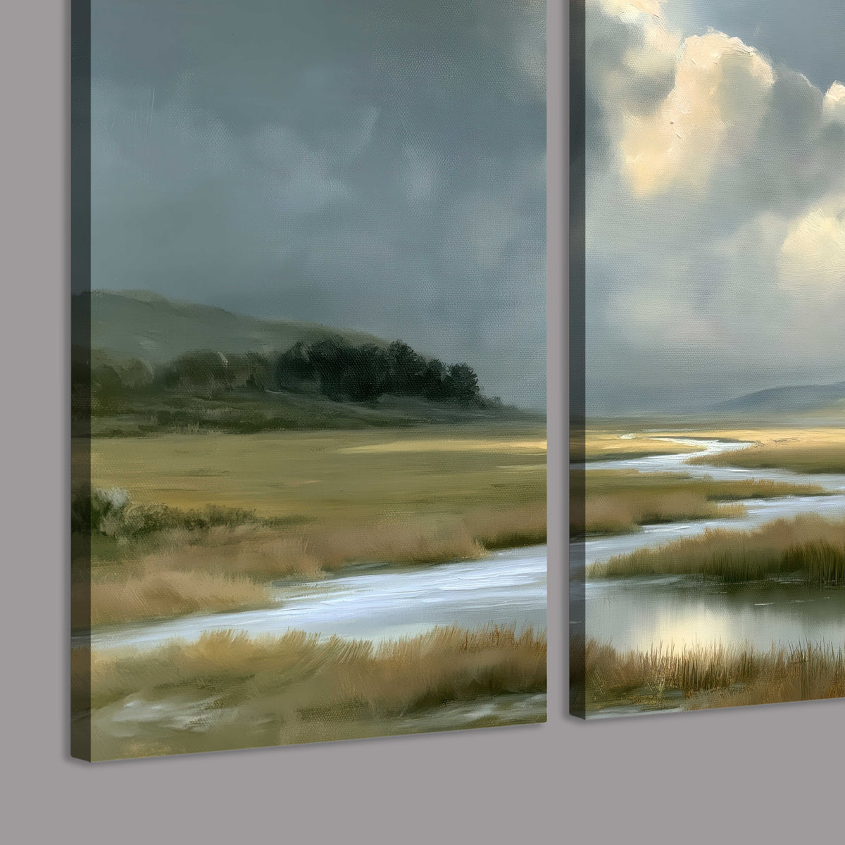 A winding stream through an open meadow beneath large sunlit clouds 3 piece canvas wall art room and product view