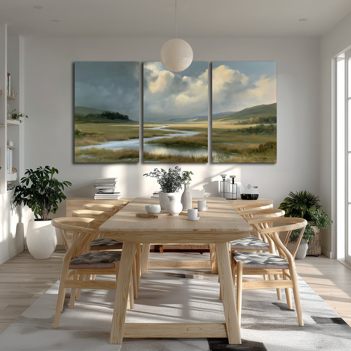 A winding stream through an open meadow beneath large sunlit clouds 3 piece canvas wall art room and product view