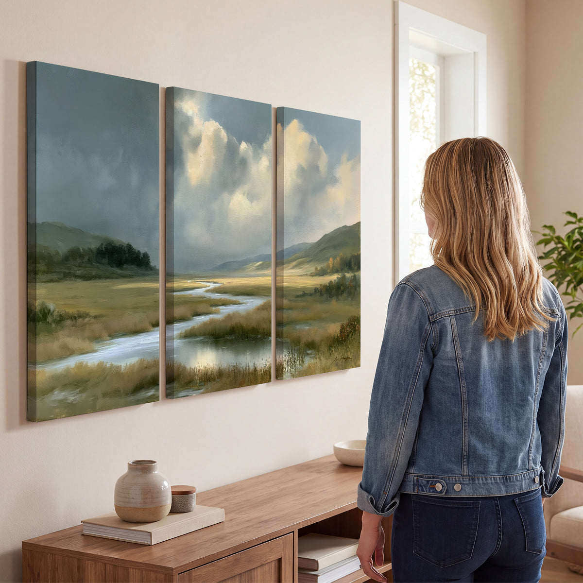 A winding stream through an open meadow beneath large sunlit clouds 3 piece canvas wall art three panel arrangement on a wall
