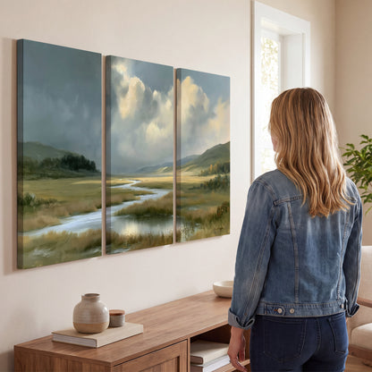 A winding stream through an open meadow beneath large sunlit clouds 3 piece canvas wall art three panel arrangement on a wall