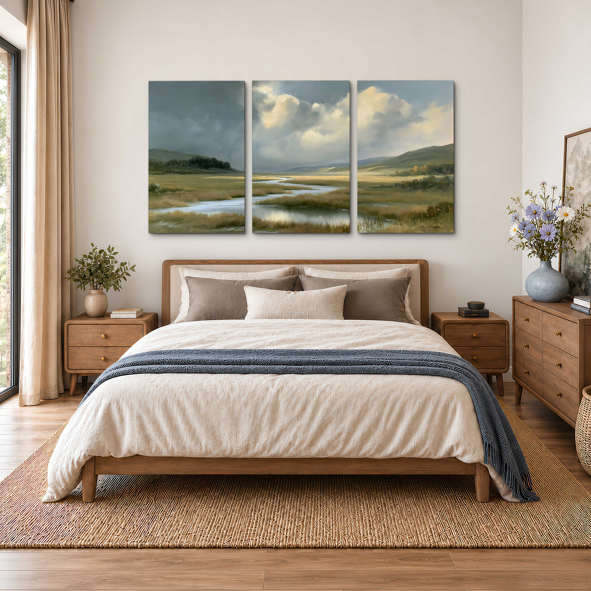 A winding stream through an open meadow beneath large sunlit clouds 3 piece canvas wall art styled in an interior