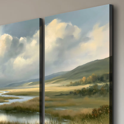 A winding stream through an open meadow beneath large sunlit clouds 3 piece canvas wall art room and product view