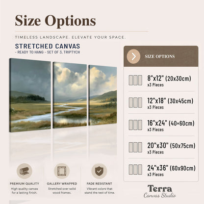 A winding stream through an open meadow beneath large sunlit clouds 3 piece canvas wall art available dimensions; triptych dimensions are per panel