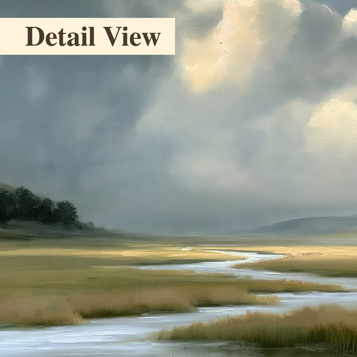 A winding stream through an open meadow beneath large sunlit clouds 3 piece canvas wall art artwork detail close up