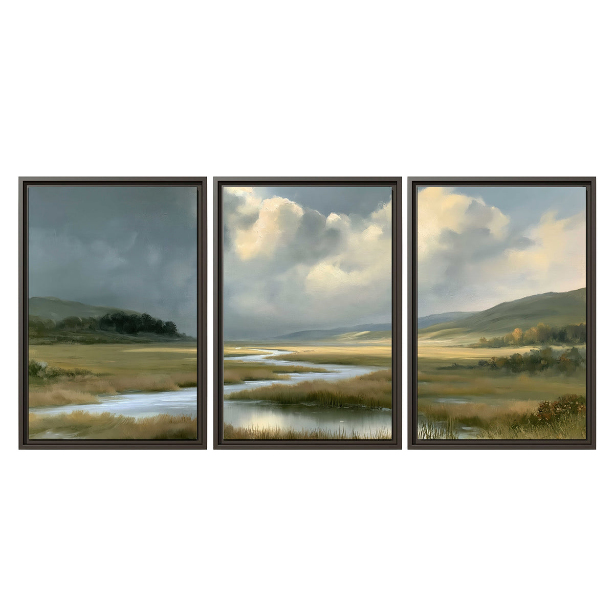 A winding stream through an open meadow beneath large sunlit clouds 3 piece framed canvas wall art viewed straight on