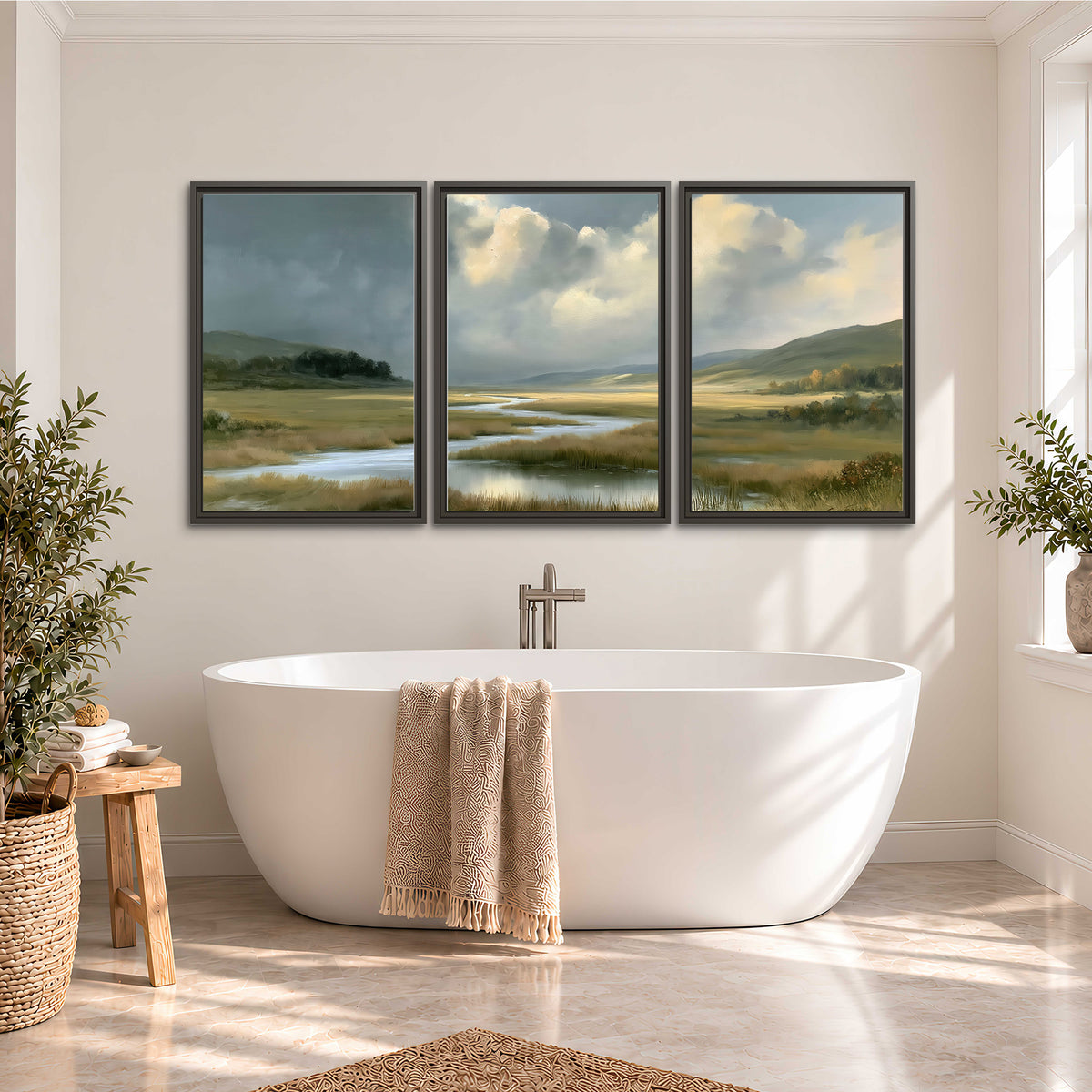 A winding stream through an open meadow beneath large sunlit clouds 3 piece framed canvas wall art styled in an interior