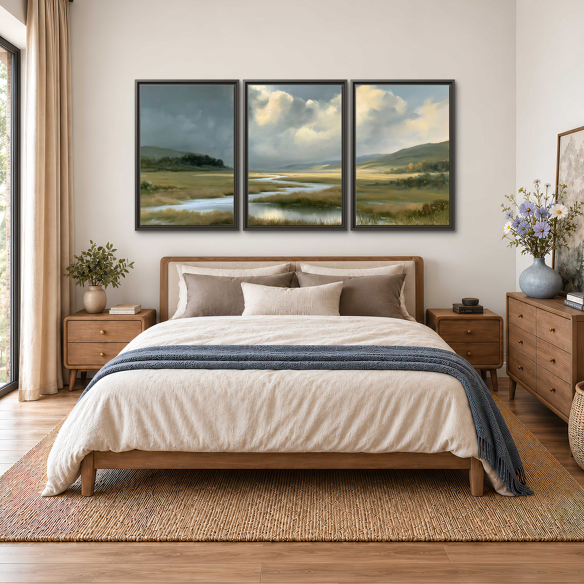 A winding stream through an open meadow beneath large sunlit clouds 3 piece framed canvas wall art styled in an interior