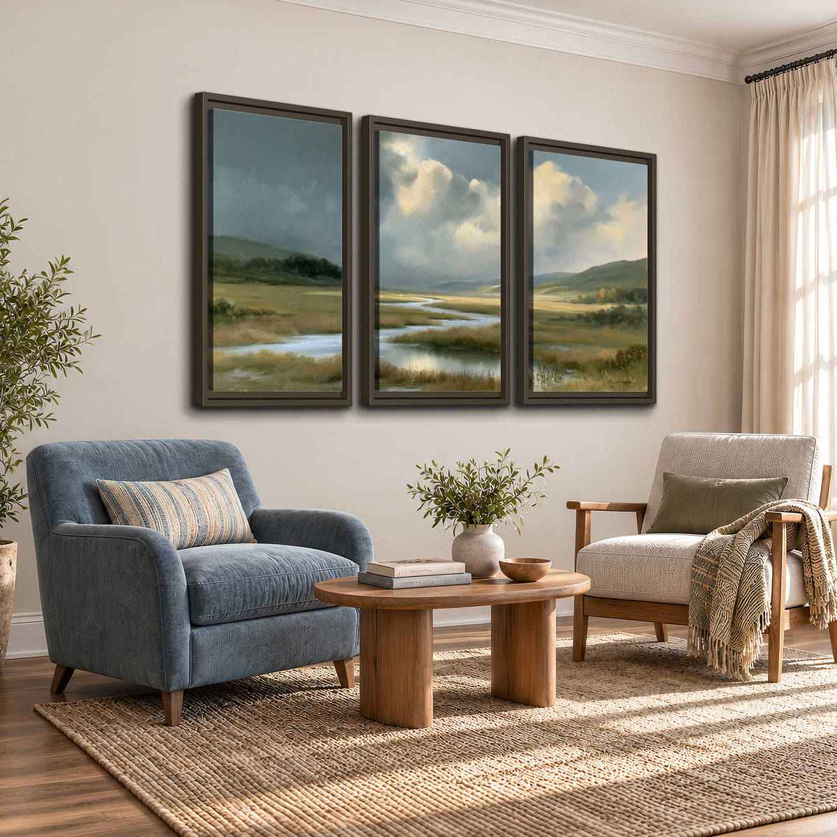 A winding stream through an open meadow beneath large sunlit clouds 3 piece framed canvas wall art styled in an interior