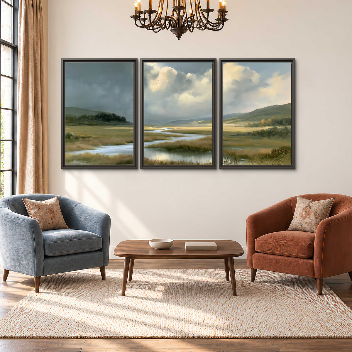 A winding stream through an open meadow beneath large sunlit clouds 3 piece framed canvas wall art styled in an interior