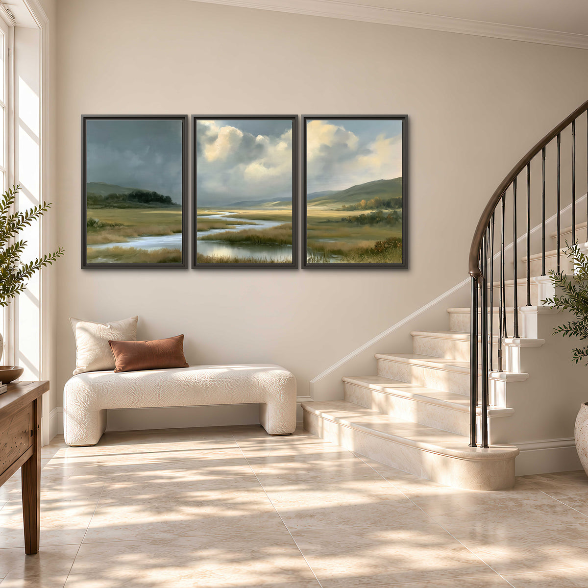 A winding stream through an open meadow beneath large sunlit clouds 3 piece framed canvas wall art styled in an interior