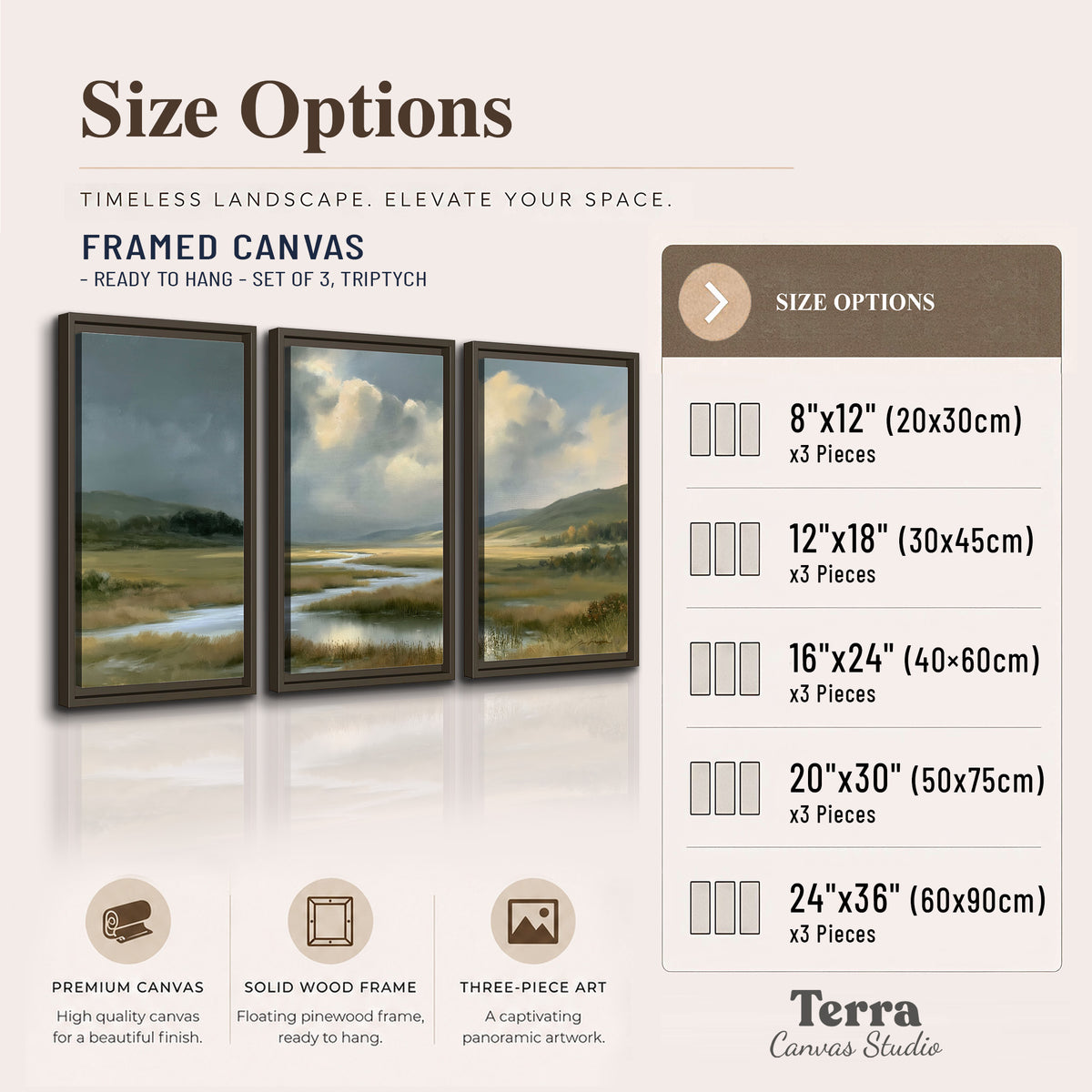 A winding stream through an open meadow beneath large sunlit clouds 3 piece framed canvas wall art available dimensions; triptych dimensions are per panel