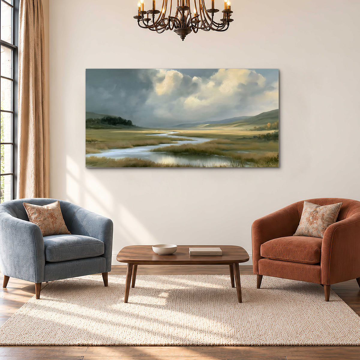 A winding stream through an open meadow beneath large sunlit clouds single canvas wall art styled in an interior