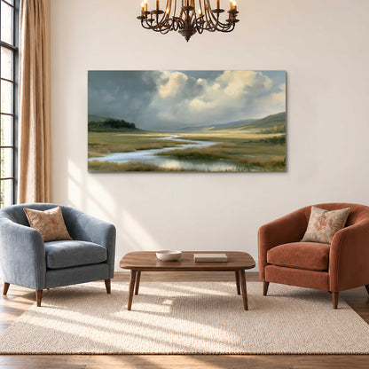 A winding stream through an open meadow beneath large sunlit clouds single canvas wall art styled in an interior